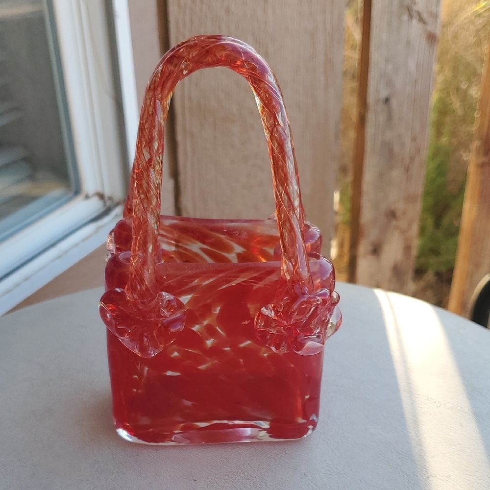 ✨ Enchanting Red Glass Basket Vase - Italian Art Glass Style Collectible ✨